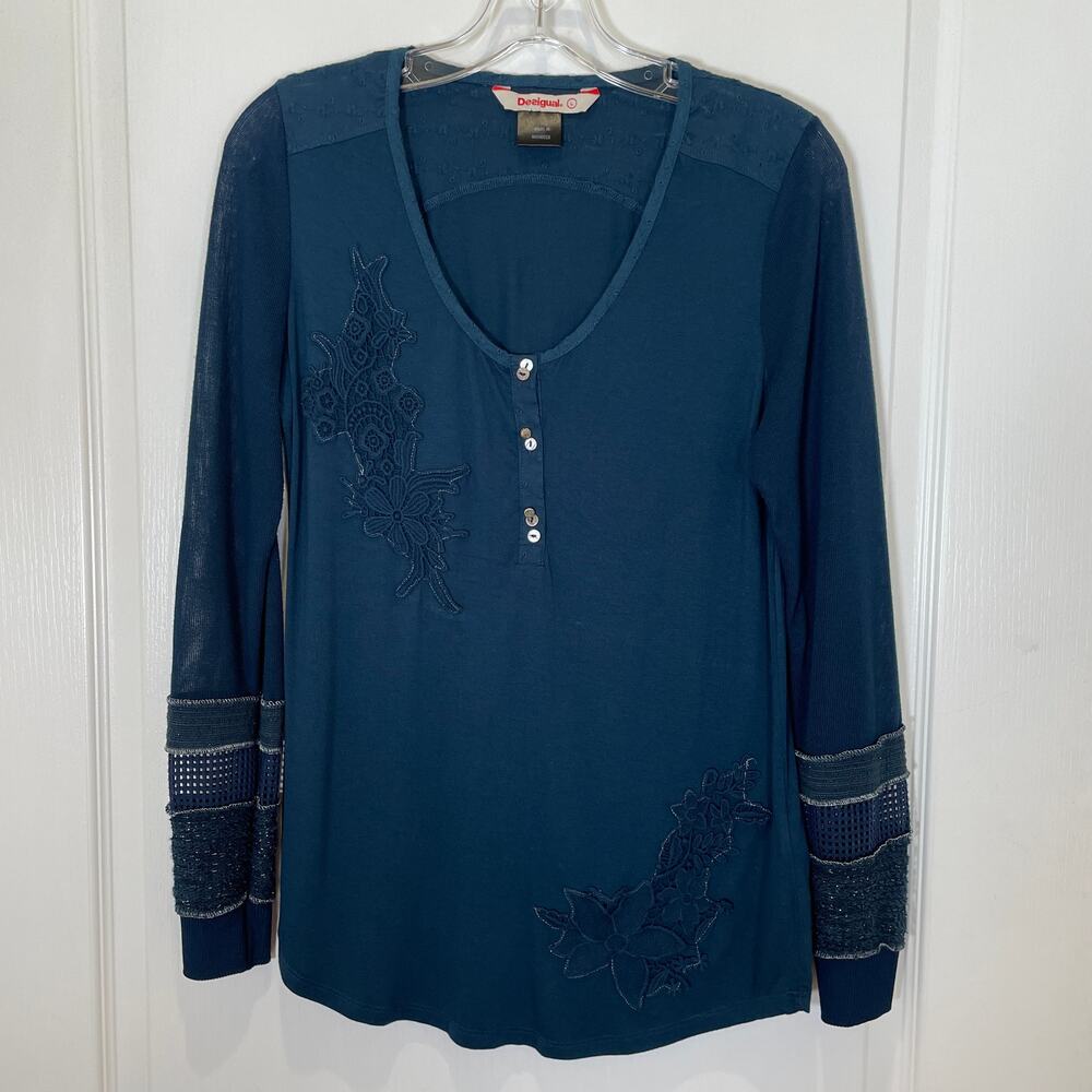 Desigual Henley Top w/ Floral Crochet Netting Tinsel Dark Teal Blue‎ L
